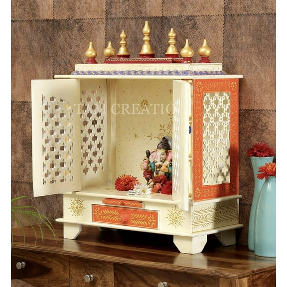 TAM Creatio Wooden Pooja Mandir Indian Hindu Decoration Puja Cabinet Temple Bhagwan Stand Mandapam Wall Hanging Decor for Home in USA (24X12x40 Inches) (22x11x28 Inches)
