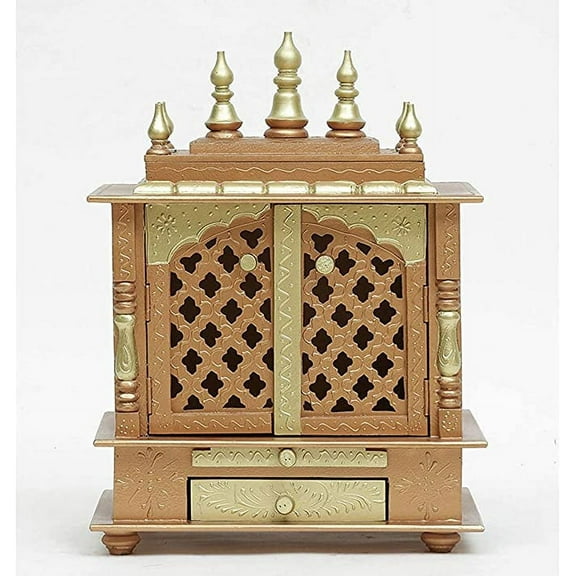 TAM Creatio Wooden Pooja Mandir Indian Hindu Decoration Puja Cabinet Temple Bhagwan Stand Mandapam Wall Hanging Decor for Home in USA (Copper & Golden)