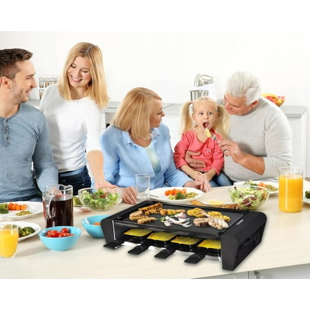TAMARIT Raclette Table Grill for 8, 2 in 1 Small Swiss Style PFAS-No Nonstick Reversible Grill/Griddle Plate Adjustable Temperature Control 1300 W, 8 Raclette Cheese Pans Black