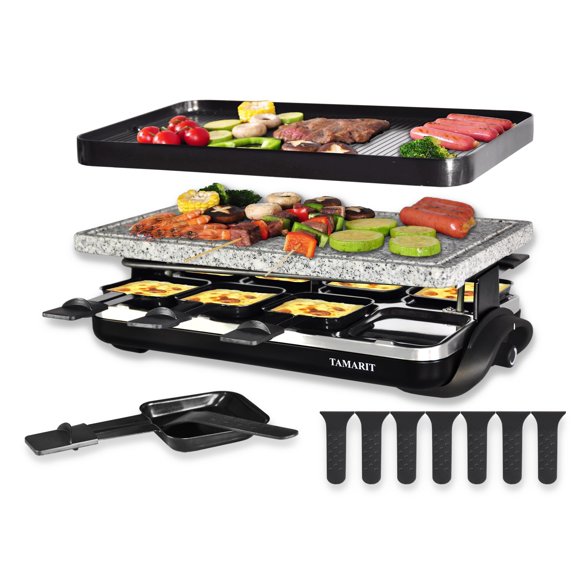 TAMARIT Raclette Table Grill Portable 3 in 1 Korean Barbecue BBQ Electric Indoor Griddle with Non-Stick Reversible Plate and Cooking Stone for Steak 1400W Raclette Grill for 8 Person, Black Y101
