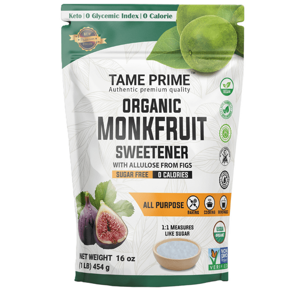 TAME PRIME USDA Organic Monkfruit sweetener with Allulose from figs, 1 lb (454 g), 1:1 sweet like sugar, no Erythritol added, 0 calories, 0 Glycemic index, Keto