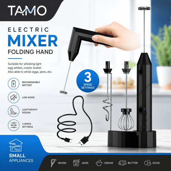 TAMO Rechargeable Milk Frother with Charging Base, USB-C Handheld Mixer, 3 Heads, 3 Speeds for Coffee, Latte & Cappuccino