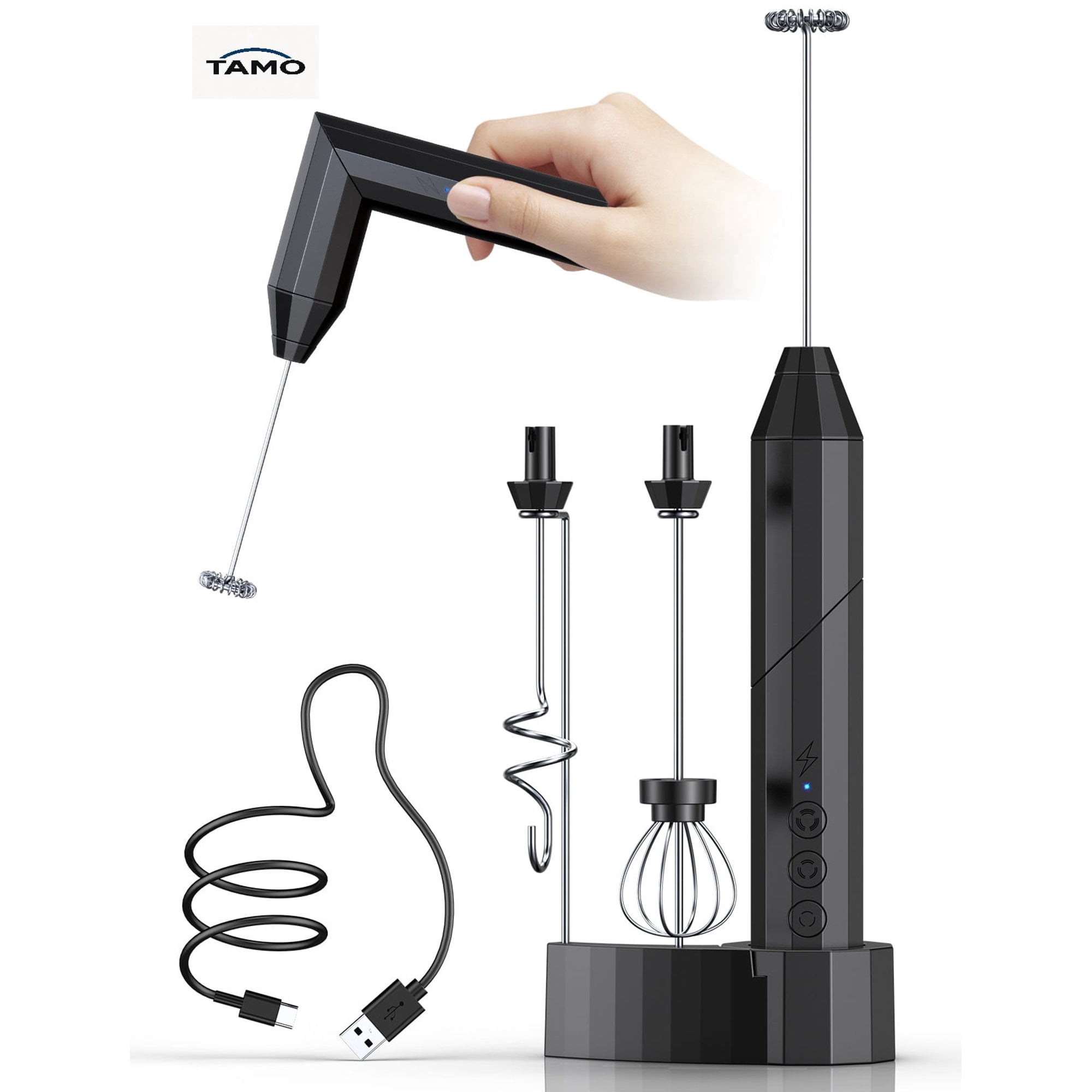 TAMO Milk Frother Handheld, USB-C Rechargeable Coffee Frother Wand, drink mixer with Charging Base&3 Heads,3 Speeds Adjustable For Latte, Cappuccino, Hot Chocolate, Egg