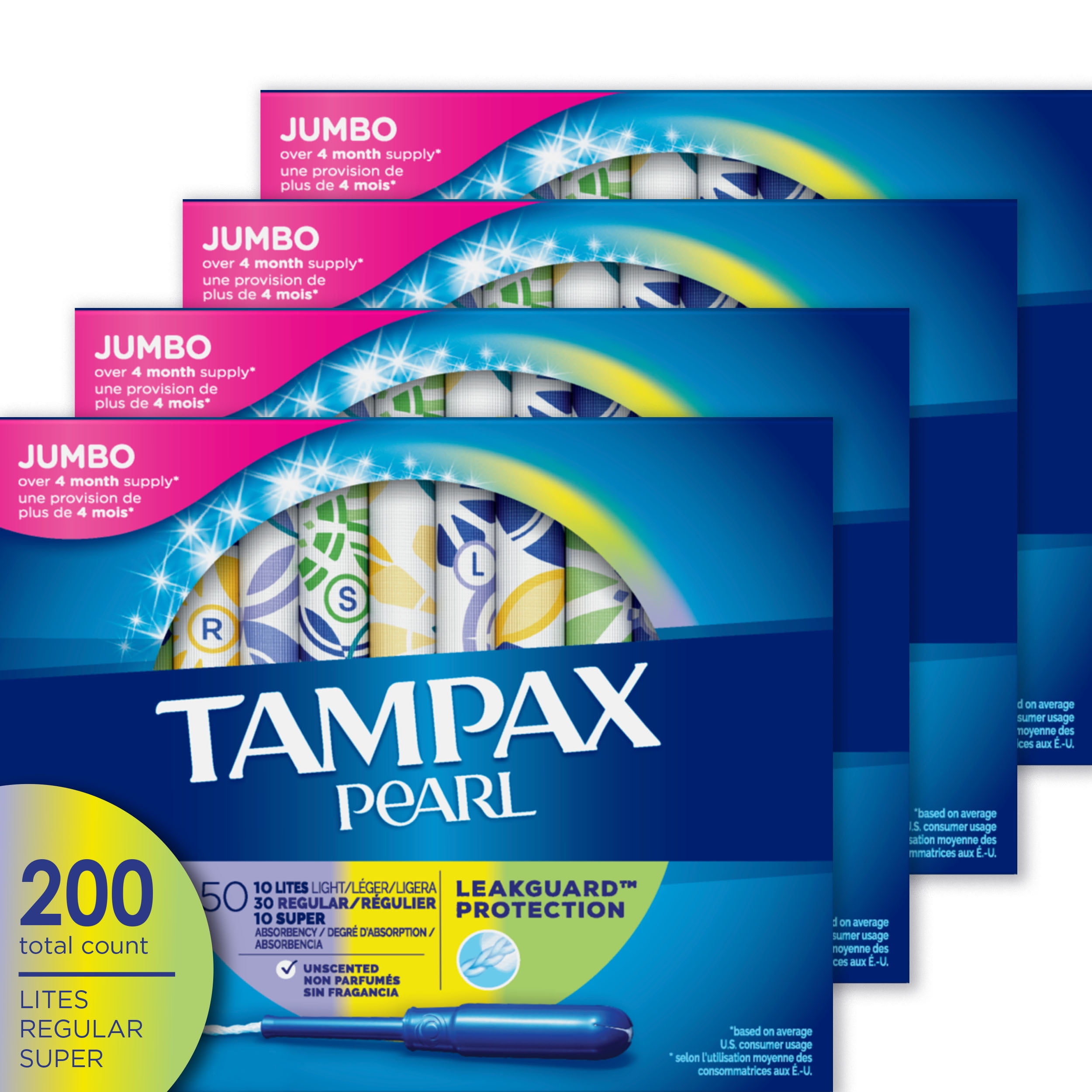 TAMPAX Pearl, Plastic Tampons, Triplepack, Light/Regular/Super Absorbency,  Unscented, 200 Count 