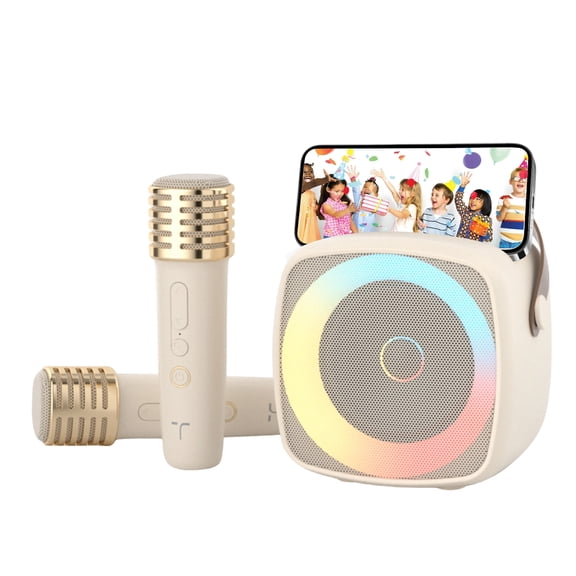 TANALAZ Karaoke Machine 2 Microphones for Boys Girls, Wireless Portable Bluetooth Speaker with Dynamic Lights for Kids Adults Mini Voice Changer Mic Speaker Set with Phone Holder for Home Party
