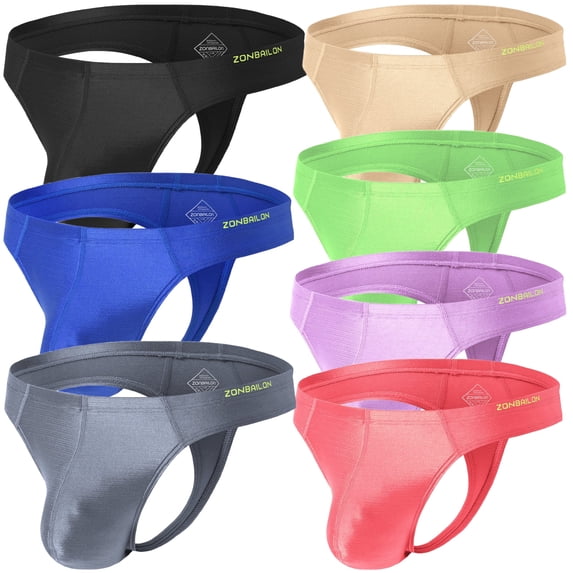 TANBOM Men's Breathable Glossy Ice Silk Pouch Thong Underwear, Assorted Colors, 7-Pack, L