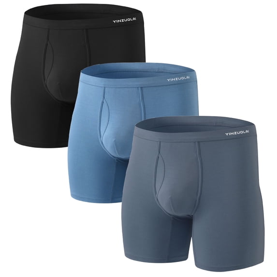TANBOM Men's Breathable Long Leg Bamboo Viscose Underwear Boxer Briefs, Black/Blue/Darkgray, 3-Pack, L