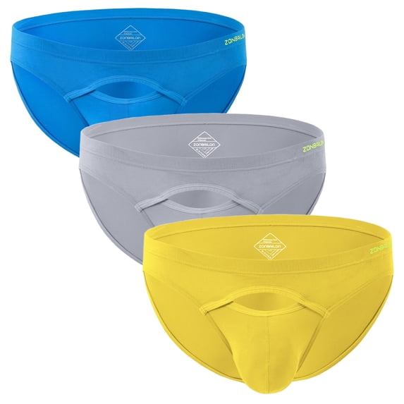 TANBOM Men's Breathable Low Rise Front Open Contoured Pouch Brief Underwear, Blue/Gray/Yellow, 3-Pack, S