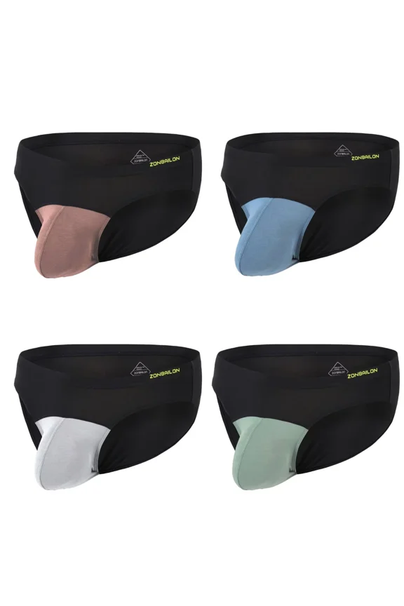 Men's Bulge Enhancing Triangle Thong Bamboo Viscose Underwear Brown/Blue/Gray/Green L 4-Pack