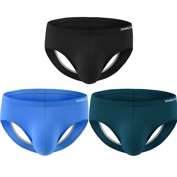 TANBOM Men's Bulge Enhancing Triangle Thong Nylon Underwear Blue/Black/Green L 3-Pack
