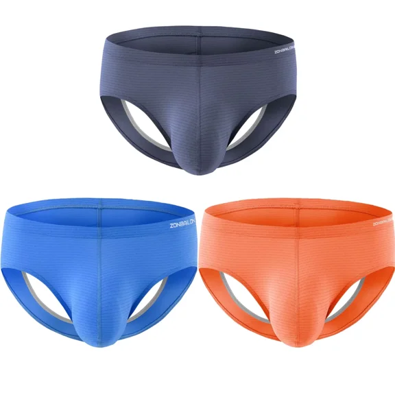TANBOM Men's Bulge Enhancing Triangle Thong Nylon Underwear Blue/Gray/Orange XXL 3-Pack