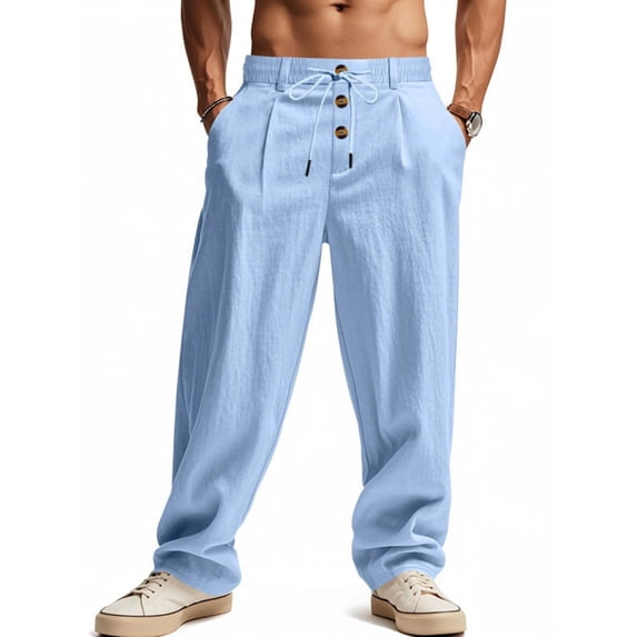 TANBOM Men's Casual Drawstring Loose Wide Leg Linen Pants, Light Blue, 1-Pack, 3XL