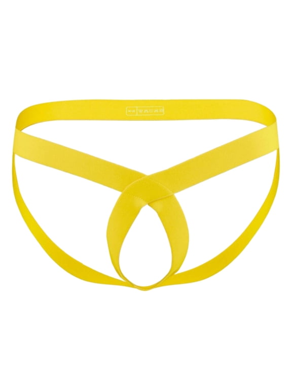 Men's Cross Front Strap Ventilated Pouch Nylon Thong Underwear, Yellow, 1-Pack, XL