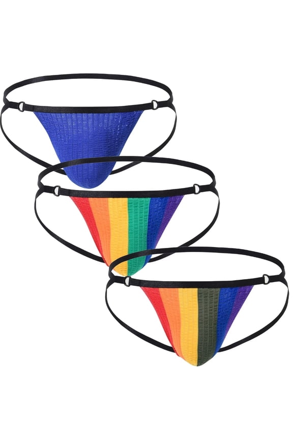 Men's Double Thong Sexy Underwear Creative Design Fashionable Comfort Polyamide Fabric Blue Rainbow Green Rainbow Yellow M