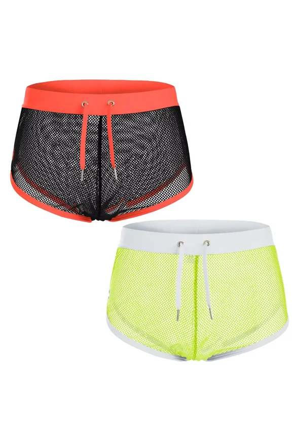 Men's Mesh Polyester Drawstring Boxer Briefs Underwear, Black/Fluorescent Green, L, 2-Pack