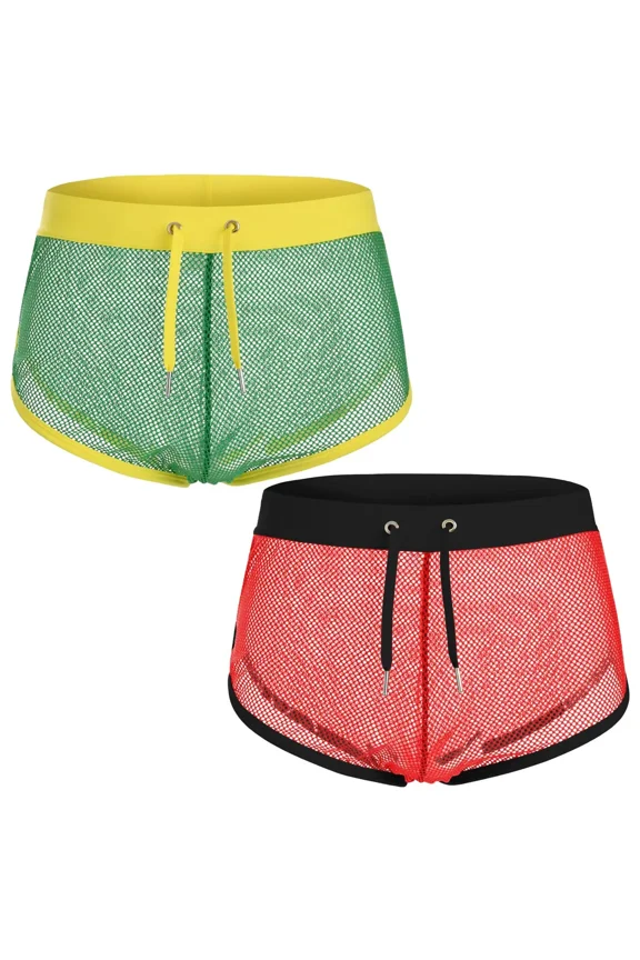 Men's Mesh Polyester Drawstring Boxer Briefs Underwear, Red/Green, XXL, 2-Pack