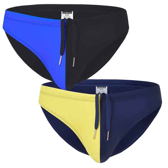 TANBOM Men's Drawstring Triangle Swim Trunks Lightweight Polyamide, Black & Blue, 2-Pack, L