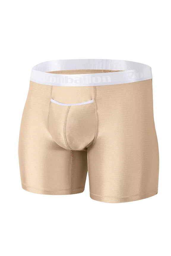 Men's Extended Length Nylon Boxer Briefs Comfortable Breathable Bulge Enhancing Pouch Apricot M