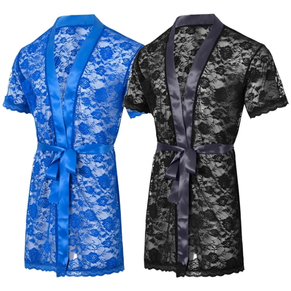 TANBOM Men's Floral Lace Short Sleeve Open Front Belted Kimono Sleepwear Robe, Blue & Dark Gray, 2-Pack, M