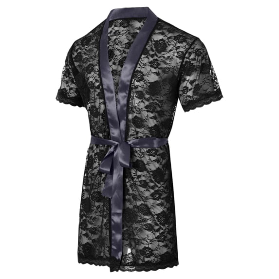 TANBOM Men's Floral Lace Short Sleeve Open Front Belted Kimono Sleepwear Robe, Dark Gray, 1-Pack, M