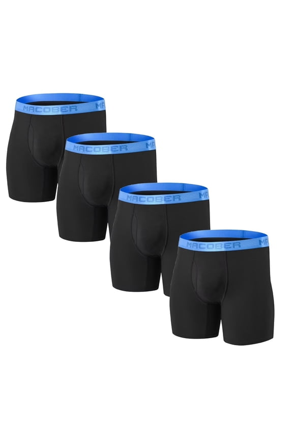 Men's Long - Leg Open Front Boxer Briefs Bulge Pouch Bamboo Viscose Breathable Comfortable Black XL