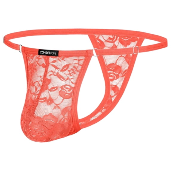 TANBOM Men's Low Rise Adjustable Floral Lace Thong Underwear, Orange, One Size, 1-Pack