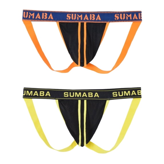 TANBOM Men's Minimal Coverage Nylon Underwear, Tagless Contoured Pouch,Orange/Yellow,2-Pack,Size L