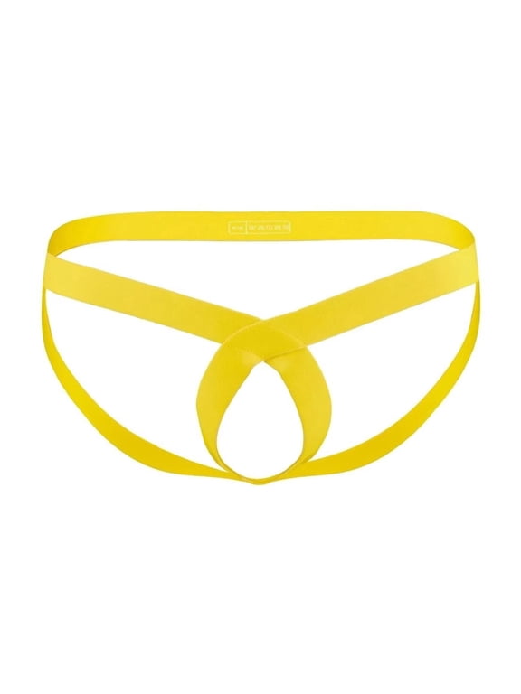 Men's Cross Front Strap Ventilated Pouch Nylon Stretch Thong Underwear, Yellow,1-Pack, L