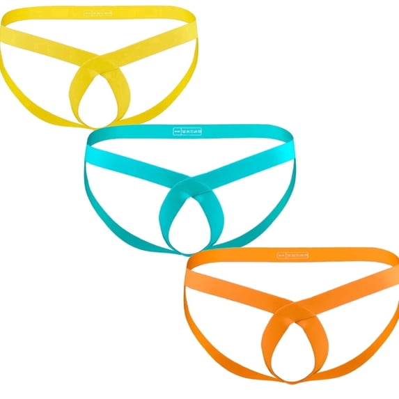 TANBOM Men's Cross Front Strap Ventilated Pouch Nylon Stretch Thong Underwear, Yellow & Lake Green & Orange,3-Pack, L