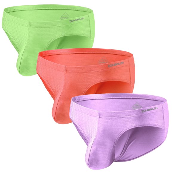 TANBOM Men's Nylon Stretch Breathable Tagless Pouch Briefs Underwear, Fluorescent Green/Fluorescent Orange/Light Purple, 3-Pack, 2XL