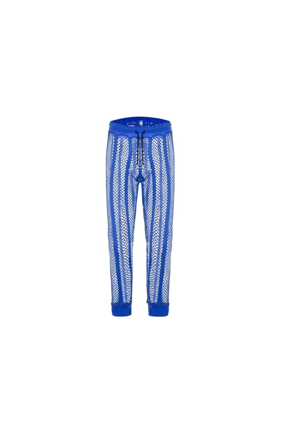 Men's Polyester Mesh Long Pants Sexy Sheer Adjustable Drawstring Breathable Stylish Blue M