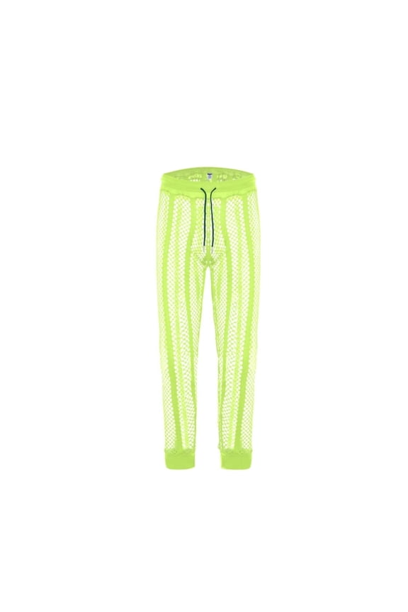 Men's Polyester Mesh Long Pants Sexy Sheer Adjustable Drawstring Breathable Stylish Fluorescent Green M