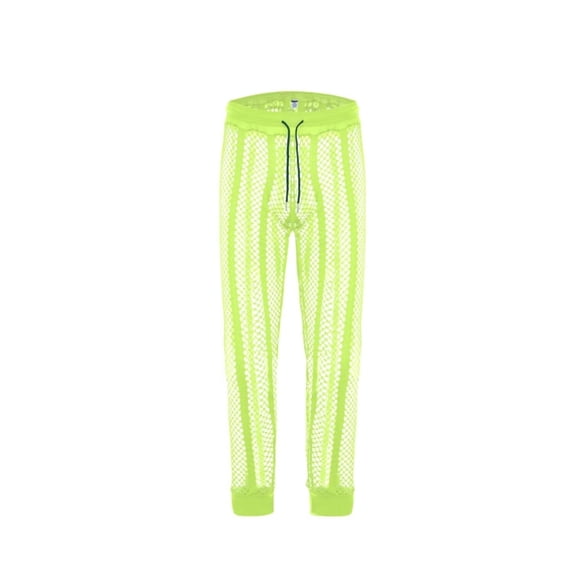TANBOM Men's Polyester Mesh Long Pants Sexy Sheer Adjustable Drawstring Breathable Stylish Fluorescent Green XL