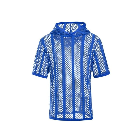 TANBOM Men's Polyester See Through Mesh Hooded T-Shirt Lightweight Breathable Stylish Blue 2XL