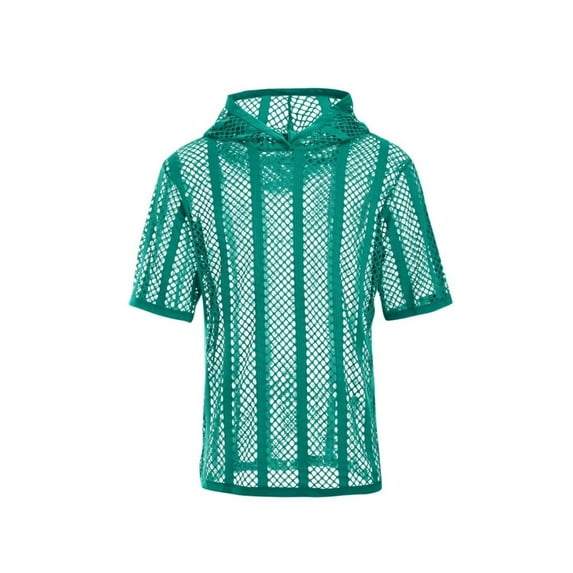 TANBOM Men's Polyester See Through Mesh Hooded T-Shirt Lightweight Breathable Stylish Green XL