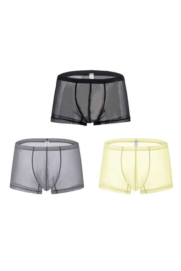 Men's Sexy Mesh See Briefs Nylon Underwear Pack Black/Gray/Yellow XL 3-Pack