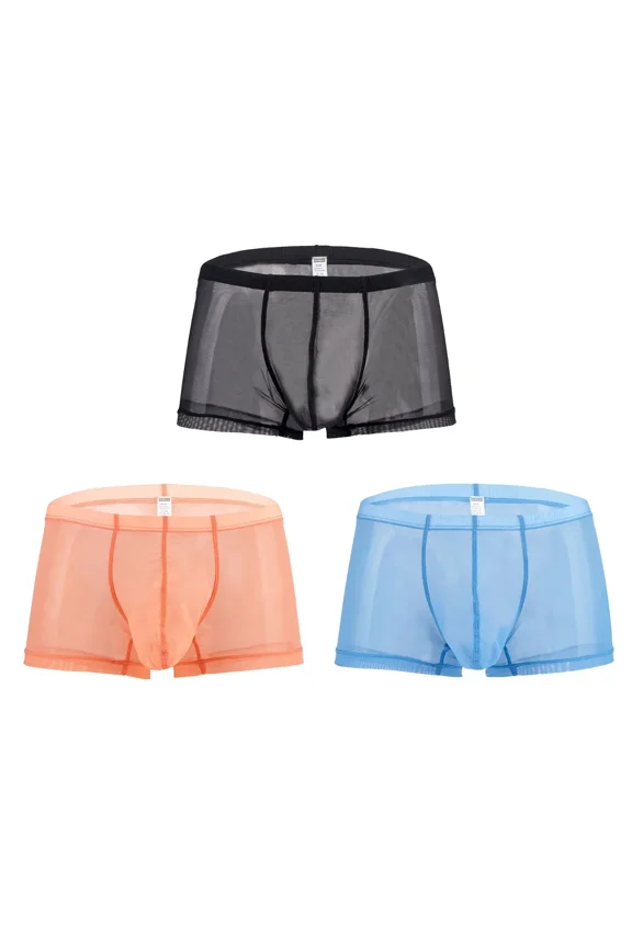 Men's Sexy Mesh See Briefs Nylon Underwear Pack Black/Orange/Blue XXXL 3-Pack