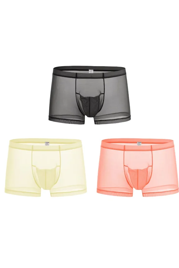 Men's Sexy Through Boxer Briefs Nylon Mesh Underwear Black/Orange/Yellow XXXL 3-Pack