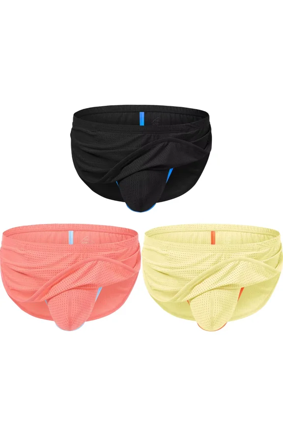 Men's Sexy and Comfortable Briefs Nylon Thong Underwear Black/Orange/Yellow M 3-Pack