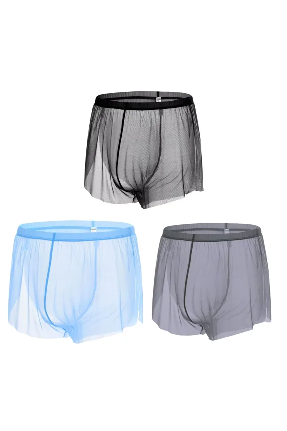 Men's Sexy and Cool Boxer Briefs Nylon Mesh Underwear Black/Blue/Gray XL 3-Pack