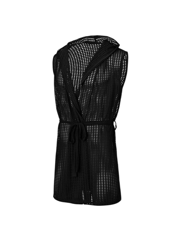 Men's Sleeveless Hooded Mesh Breathable Sash Tie Sleepwear Duster Robe, Black, 1-Pack, 2XL
