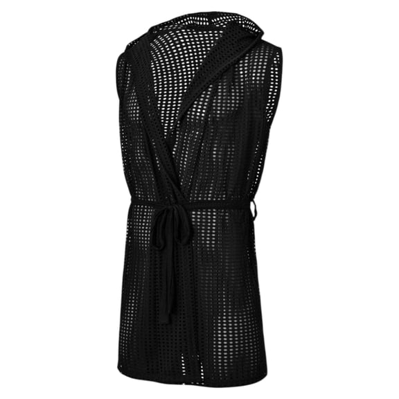 TANBOM Men's Sleeveless Hooded Mesh Breathable Sash Tie Sleepwear Duster Robe, Black, 1-Pack, M