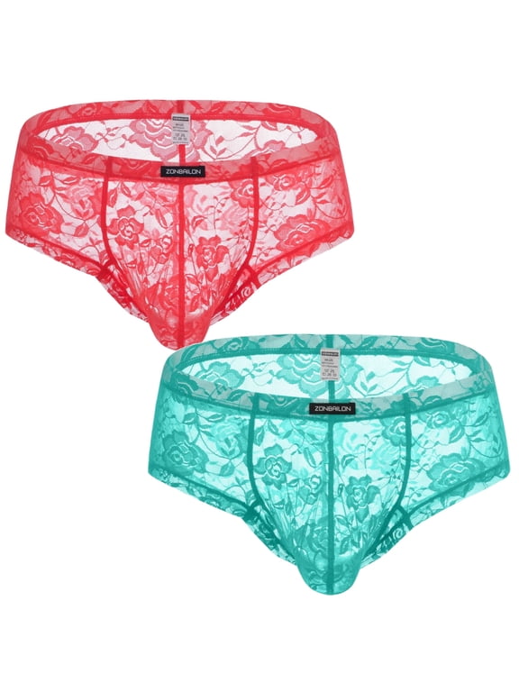 Men's Stretchable Floral Lace Low Rise Brief Underwear, Red/Turquoise Green, 2-Pack, M