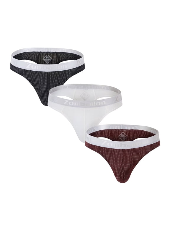 Men's Striped T-Back Thong Bulge Pouch Soft Breathable Tagless Design Comfortable G-Strings Black White Red M