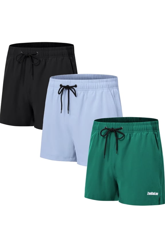 Men's Polyester Beach 3-Inch Shorts with Adjustable Drawstring Black/Blue/Green 3-Pack L
