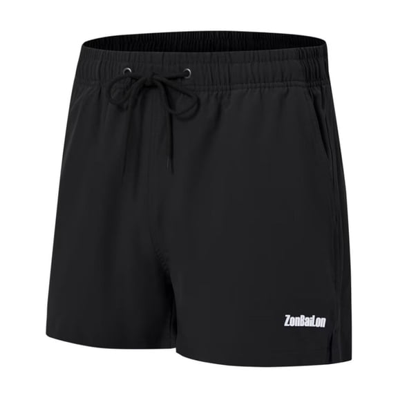 TANBOM Men's Stylish Polyester Three Beach Shorts Lightweight Breathable Comfortable Adjustable Drawstring Black S