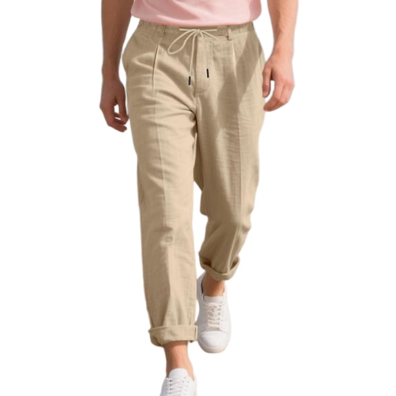 TANBOM Men's Wide Leg Relaxed Casual Linen Drawstring Pants, Khaki, 1-Pack, S