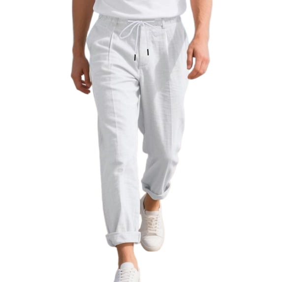 TANBOM Men's Wide Leg Relaxed Casual Linen Drawstring Pants, White, 1-Pack, M