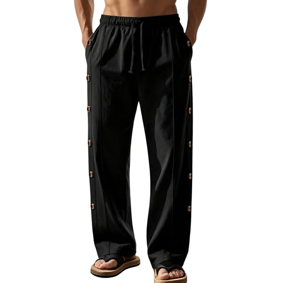 TANBOM Men's Wide-Leg Straight Casual Pants Drawstring Side Buttons Black 1-Pack 2XL