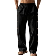 TANBOM Men's Wide-Leg Straight Casual Pants Drawstring Side Buttons Black 1-Pack XL